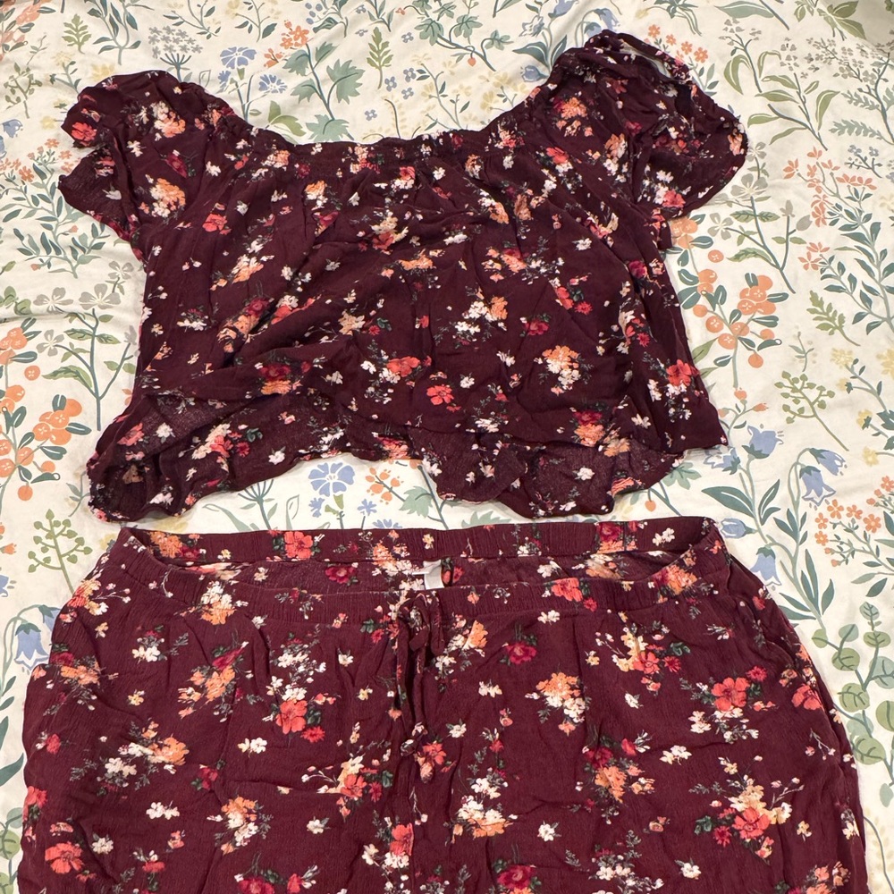 Xhilaration Burgundy Floral Top and Skirt Set